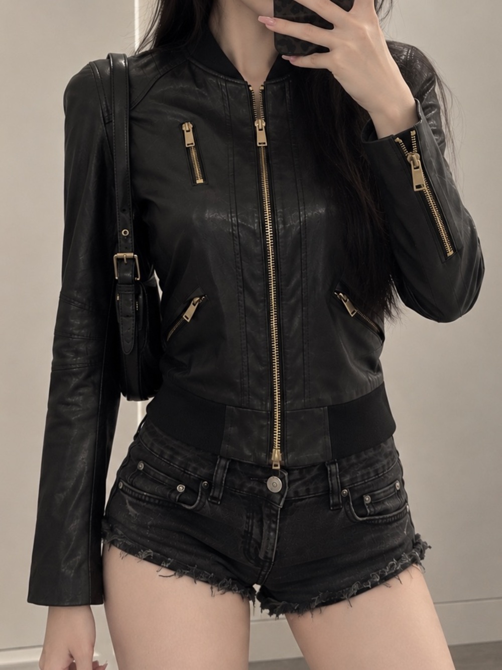 Vintage Mia Mia Black Lambskin Leather Cropped Bomber Jacket Y2K XS
